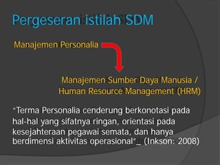 Pergeseran istilah SDM 
Manajemen Personalia 
Manajemen Sumber Daya Manusia / 
Human Resource Management (HRM) 
“Terma Personalia cenderung berkonotasi pada 
hal-hal yang sifatnya ringan, orientasi pada 
kesejahteraan pegawai semata, dan hanya 
berdimensi aktivitas operasional”_ (Inkson: 2008)  