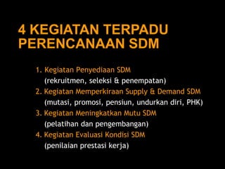 1. KegiatanPenyediaanSDM 
(rekruitmen, seleksi& penempatan) 
2.KegiatanMemperkiraanSupply & Demand SDM 
(mutasi, promosi, pensiun, undurkandiri, PHK) 
3.KegiatanMeningkatkanMutuSDM 
(pelatihandanpengembangan) 
4.KegiatanEvaluasiKondisiSDM 
(penilaianprestasikerja) 
4 KEGIATAN TERPADU 
PERENCANAAN SDM  