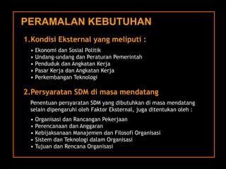 PERAMALAN KEBUTUHAN 
1.KondisiEksternalyang meliputi: 
•EkonomidanSosialPolitik 
•Undang-undangdanPeraturanPemerintah 
•PendudukdanAngkatanKerja 
•PasarKerjadanAngkatanKerja 
•PerkembanganTeknologi2.PersyaratanSDM di masamendatangPenentuanpersyaratanSDM yang dibutuhkandi masamendatangselaindipengaruhiolehFaktorEksternal, jugaditentukanoleh: 
•OrganisasidanRancanganPekerjaan 
•PerencanaandanAnggaran 
•KebijaksanaanManajemendanFilosofiOrganisasi 
•SistemdanTeknologidalamOrganisasi 
•TujuandanRencanaOrganisasi  