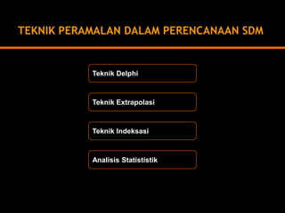 TEKNIK PERAMALAN DALAM PERENCANAAN SDMTeknikDelphi 
Teknik IndeksasiTeknik ExtrapolasiAnalisis Statististik  