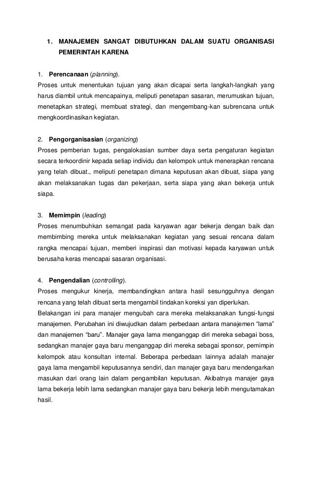 Manajemen Sangat Dibutuhkan Dalam Suatu Organisasi Pemerintah Karena
