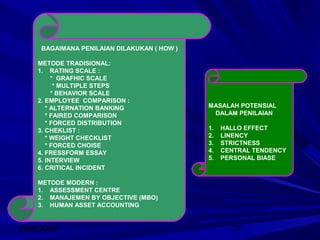 2008/2009 37
BAGAIMANA PENILAIAN DILAKUKAN ( HOW )
METODE TRADISIONAL:
1. RATING SCALE :
* GRAFHIC SCALE
* MULTIPLE STEPS
* BEHAVIOR SCALE
2. EMPLOYEE COMPARISON :
* ALTERNATION BANKING
* FAIRED COMPARISON
* FORCED DISTRIBUTION
3. CHEKLIST :
* WEIGHT CHECKLIST
* FORCED CHOISE
4. FRESSFORM ESSAY
5. INTERVIEW
6. CRITICAL INCIDENT
METODE MODERN :
1. ASSESSMENT CENTRE
2. MANAJEMEN BY OBJECTIVE (MBO)
3. HUMAN ASSET ACCOUNTING
MASALAH POTENSIAL
DALAM PENILAIAN
1. HALLO EFFECT
2. LINENCY
3. STRICTNESS
4. CENTRAL TENDENCY
5. PERSONAL BIASE
 