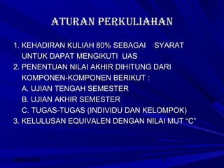 2008/2009 4
ATURAN PERKULIAHANATURAN PERKULIAHAN
1. KEHADIRAN KULIAH 80% SEBAGAI SYARAT1. KEHADIRAN KULIAH 80% SEBAGAI SYARAT
UNTUK DAPAT MENGIKUTI UASUNTUK DAPAT MENGIKUTI UAS
2. PENENTUAN NILAI AKHIR DIHITUNG DARI2. PENENTUAN NILAI AKHIR DIHITUNG DARI
KOMPONEN-KOMPONEN BERIKUT :KOMPONEN-KOMPONEN BERIKUT :
A. UJIAN TENGAH SEMESTERA. UJIAN TENGAH SEMESTER
B. UJIAN AKHIR SEMESTERB. UJIAN AKHIR SEMESTER
C. TUGAS-TUGAS (INDIVIDU DAN KELOMPOK)C. TUGAS-TUGAS (INDIVIDU DAN KELOMPOK)
3. KELULUSAN EQUIVALEN DENGAN NILAI MUT “C”3. KELULUSAN EQUIVALEN DENGAN NILAI MUT “C”
 