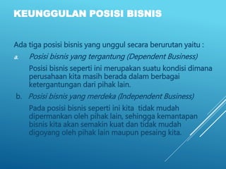 KEUNGGULAN POSISI BISNIS
Ada tiga posisi bisnis yang unggul secara berurutan yaitu :
a. Posisi bisnis yang tergantung (Dependent Business)
Posisi bisnis seperti ini merupakan suatu kondisi dimana
perusahaan kita masih berada dalam berbagai
ketergantungan dari pihak lain.
b. Posisi bisnis yang merdeka (Independent Business)
Pada posisi bisnis seperti ini kita tidak mudah
dipermankan oleh pihak lain, sehingga kemantapan
bisnis kita akan semakin kuat dan tidak mudah
digoyang oleh pihak lain maupun pesaing kita.
 