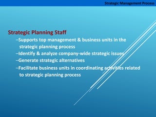 Strategic Management Process
Strategic Planning Staff
–Supports top management & business units in the
strategic planning process
–Identify & analyze company-wide strategic issues
–Generate strategic alternatives
–Facilitate business units in coordinating activities related
to strategic planning process
 