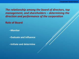 Corporate Governance
The relationship among the board of directors, top
management, and shareholders – determining the
direction and performance of the corporation
Role of Board
–Monitor
–Evaluate and influence
–Initiate and determine
 