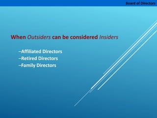 Board of Directors
When Outsiders can be considered Insiders
–Affiliated Directors
–Retired Directors
–Family Directors
 