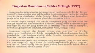 Tingkatan Manajemen (Nickles McHugh :1997) :
 Manajemen tingkat puncak atau top management, yang biasanya terdiri dari direktur

utama. Presiden direktur, atau wakil direktur. Untuk manajemen tingkat ini, keahlian
yang terutama diperluakan adalah keahlian dalam hal konseptual, komunikasi,
pengambilan keputusan, manajemen global, dan manajemen waktu.
 Manjemen tingkat menegah atau middle management, yang biasanya terdiri dari

manajer, kepala divisi atau departemen, atau kepala cabang. Untuk manajemen tingkat
menengah ini, keahlian yang diperlukan di antaranya adalah kehlian konseptual,
komunikasi, pengambialn keputusan, manajemen waktu, dan juga teknik.
 Manajemen supervisi

atau tingkat pertama atau supervisory or firts-line
management, yang biasanya terdiri dari supervisi, ketua kelompok, dan yang lainya. Di
atarakeahlian yang terutama dimiliki adalah keahlian komunikasi, pengambilan
keputusan, manajmen waktu, dan teknisi.
 Manajemen nonsupervisi atau non-supervisory management, yang biasanya terdiri

dari para tenaga kerja tingkat bawah pada umunya seperti buruh, pekerja bangunan,
dan lain-lain. Keahlian yang terutama perlu dimiliki dalam level ini adalah keahlian
teknikal, komunikasi, dan manajemen waktu.

 