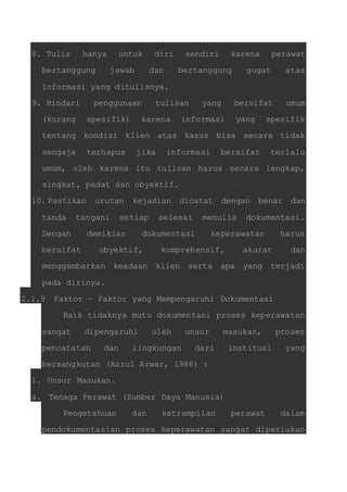 8. Tulis hanya untuk diri sendiri karena perawat 
bertanggung jawab dan bertanggung gugat atas 
informasi yang ditulisnya. 
9. Hindari penggunaan tulisan yang bersifat umum 
(kurang spesifik) karena informasi yang spesifik 
tentang kondisi klien atas kasus bisa secara tidak 
sengaja terhapus jika informasi bersifat terlalu 
umum, oleh karena itu tulisan harus secara lengkap, 
singkat, padat dan obyektif. 
10. Pastikan urutan kejadian dicatat dengan benar dan 
tanda tangani setiap selesai menulis dokumentasi. 
Dengan demikian dokumentasi keperawatan harus 
bersifat obyektif, komprehensif, akurat dan 
menggambarkan keadaan klien serta apa yang terjadi 
pada dirinya. 
2.1.9 Faktor – Faktor yang Mempengaruhi Dokumentasi 
Baik tidaknya mutu dokumentasi proses keperawatan 
sangat dipengaruhi oleh unsur masukan, proses 
pencatatan dan lingkungan dari institusi yang 
bersangkutan (Azrul Azwar, 1986) : 
1. Unsur Masukan. 
a. Tenaga Perawat (Sumber Daya Manusia) 
Pengetahuan dan ketrampilan perawat dalam 
pendokumentasian proses keperawatan sangat diperlukan 
 