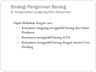 Strategi Pengiriman Barang
4. Pengambilan Langsung Oleh Konsumen
Dapat dilakukan dengan cara:
 Konsumen langsung mengambil barang dari lokasi
Produsen
 Konsumen mengambil barang di DC
 Konsumen mengambil barang dengan sistem Cross
Docking
 