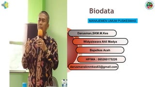 Biodata
Darusman,SKM.M.Kes
Widyaiswara Ahli Madya
Bapelkes Aceh
darusmanskmmkes63@gmail.com
Your
Slogan
here
HP/WA : 085260175226
MANAJEMEN UMUM PUSKESMAS
 