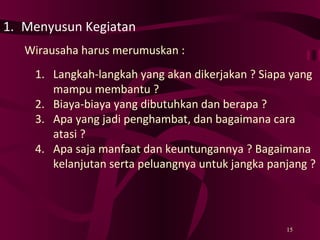 Menyusun Kegiatan Wirausaha harus merumuskan : Langkah-langkah yang akan dikerjakan ? Siapa yang mampu membantu ? Biaya-biaya yang dibutuhkan dan berapa ? Apa yang jadi penghambat, dan bagaimana cara atasi ? Apa saja manfaat dan keuntungannya ? Bagaimana kelanjutan serta peluangnya untuk jangka panjang ? 