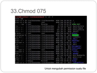 33.Chmod 075
Untuk mengubah permission suatu file
 