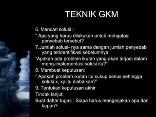 Ch 3 - 37
© 1998 by Prentice-Hall Inc
Russell/Taylor Oper Mgt 2/e
TEKNIK GKM
6. Mencari solusi :
“ Apa yang harus dilakukan untuk mengatasi
penyebab tersebut?
7.Jumlah solusi- nya sama dengan jumlah penyebab
yang teridentifikasi sebelumnya
“Apakah ada problem ikutan yang akan terjadi dalam
meng-implementasi solusi itu?”
8. Membuat keputusan:
“ Apakah problem ikutan itu cukup serius,sehingga
solusi x, xy itu diabaikan?”
9. Tentukan keputusan akhir
Tindak lanjut:
Buat daftar tugas : Siapa harus mengerjakan apa dan
kapan?
 