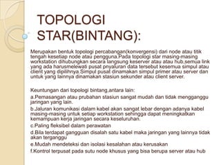 TOPOLOGI
  STAR(BINTANG):
Merupakan bentuk topologi percabangan(konvergensi) dari node atau titik
tengah kesetiap node atau pengguna.Pada topologi star masing-masing
workstation dihubungkan secara langsung keserver atau atau hub,semua link
yang ada harusmelewati pusat pnyaluran data tersebut kesemua simpul atau
client yang dipilihnya.Simpul pusat dinamakan simpul primer atau server dan
untuk yang lainnya dinamakan stasiun sekunder atau client server.

Keuntungan dari topologi bintang,antara lain:
a.Pemasangan atau prubahan stasiun sangat mudah dan tidak mengganggu
jaringan yang lain.
b.Jaluran komunikasi dalam kabel akan sangat lebar dengan adanya kabel
masing-masing untuk setiap workstation sehingga dapat meningkatkan
kemampuan kerja jaringan secara keseluruhan.
c.Paling fleksibel dalam perawatan
d.Bila terdapat gangguan disalah satu kabel maka jaringan yang lainnya tidak
akan terganggu
e.Mudah mendeteksi dan isolasi kesalahan atau kerusakan
f.Kontrol terpusat pada sutu node khusus yang bisa berupa server atau hub
 