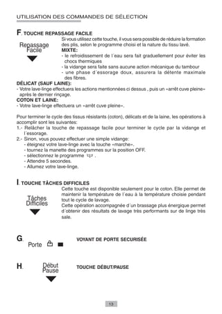 UTILISATION DES COMMANDES DE SÉLECTION


F. TOUCHE REPASSAGE FACILE
                       Si vous utilisez cette touche, il vous sera possible de réduire la formation
                       des plis, selon le programme choisi et la nature du tissu lavé.
                       MIXTE:
                       - le refroidissement de l´eau sera fait graduellement pour éviter les
                         chocs thermiques
                       - la vidange sera faite sans aucune action mécanique du tambour
                       - une phase d´essorage doux, assurera la détente maximale
                         des fibres.
DÉLICAT (SAUF LAINE):
- Votre lave-linge effectuera les actions mentionnées ci dessus , puis un «arrêt cuve pleine»
  après le dernier rinçage.
COTON ET LAINE:
- Votre lave-linge effectuera un «arrêt cuve pleine».

Pour terminer le cycle des tissus résistants (coton), délicats et de la laine, les opérations à
accomplir sont les suivantes:
1.- Relâcher la touche de repassage facile pour terminer le cycle par la vidange et
    l´essorage.
2.- Sinon, vous pouvez effectuer une simple vidange:
    - éteignez votre lave-linge avec la touche «marche».
    - tournez la manette des programmes sur la position OFF.
    - sélectionnez le programme        .
    - Attendre 5 secondes.
    - Allumez votre lave-linge.


I. TOUCHE TÂCHES DIFFICILES
                       Cette touche est disponible seulement pour le coton. Elle permet de
                       maintenir la température de l´eau à la température choisie pendant
                       tout le cycle de lavage.
                       Cette opération accompagnée d´un brassage plus énergique permet
                       d´obtenir des résultats de lavage très performants sur de linge très
                       sale.



G.                             VOYANT DE PORTE SECURISÉE




H.                             TOUCHE DÉBUT/PAUSE




                                                13
 