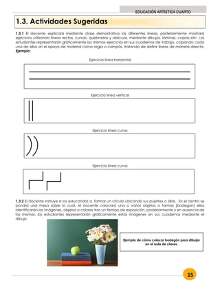 15
EDUCACIÓN ARTÍSTICA CUARTO
1.3. Actividades Sugeridas
1.3.1 El docente explicará mediante clase demostrativa las diferentes líneas, posteriormente mostrará
ejercicios utilizando líneas rectas, curvas, quebradas y oblicuas, mediante dibujos, láminas, copias etc. Los
estudiantes representarán gráficamente los mismos ejercicios en sus cuadernos de trabajo, copiando cada
uno de ellos sin el apoyo de material como regla o compás, tratando de definir líneas de manera directa.
Ejemplo:
Ejercicio línea horizontal
Ejercicio línea vertical
Ejercicio línea curva
Ejercicio línea curva
1.3.2 El docente instruye a los educandos a formar un círculo ubicando sus pupitres o sillas. En el centro se
pondrá una mesa sobre la cual, el docente colocará una o varios objetos o formas (bodegón) ellos
identificarán las imágenes, objetos o colores tras un tiempo de exposición, posteriormente y en ausencia de
las mismas, los estudiantes representarán gráficamente estas imágenes en sus cuadernos mediante el
dibujo.
Ejemplo de cómo colocar bodegón para dibujar
en el aula de clases.
 