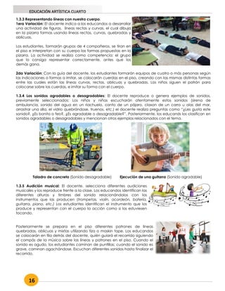 16
EDUCACIÓN ARTÍSTICA CUARTO
1.3.3 Representando líneas con nuestro cuerpo.
1era Variación: El docente indica a los educandos a desarrollar
una actividad de figuras, líneas rectas y curvas, el cual dibuja
en la pizarra formas usando líneas rectas, curvas, quebradas y
oblicuas.
Los estudiantes, formarán grupos de 4 compañeros, se tiran en
el piso e interpretan con su cuerpo las formas propuestas en la
pizarra. La actividad se realiza como competencia; el grupo
que lo consiga representar correctamente, antes que los
demás gana.
2da Variación: Con la guía del docente, los estudiantes formarán equipos de cuatro o más personas según
las indicaciones o formas a imitar, se colocarán cuerdas en el piso, creando con las mismas distintas formas
entre las cuales están las líneas curvas, rectas, oblicuas y quebradas. Los niños siguen el patrón para
colocarse sobre las cuerdas, e imitar su forma con el cuerpo.
1.3.4 Los sonidos agradables o desagradables: El docente reproduce o genera ejemplos de sonidos,
previamente seleccionados; Los niños y niñas escucharán atentamente estos sonidos (sirena de
ambulancia, sonido del agua en un riachuelo, canto de un pájaro, claxon de un carro u olas del mar,
arrastrar una silla, el vidrio quebrándose, truenos, etc.) el docente realiza preguntas como “¿Les gusta este
sonido?, ¿Es bonito o feo?, ¿Es agradable o desagradable?”, Posteriormente, los educands los clasifican en
sonidos agradables o desagradables y mencionan otros ejemplos relacionados con el tema.
Taladro de concreto (Sonido desagradable) Ejecución de una guitarra (Sonido agradable)
1.3.5 Audición musical: El docente, selecciona diferentes audiciones
musicales y los reproduce frente a la clase. Los educandos identifican las
diferentes alturas y timbres del sonido relacionándolos con los
instrumentos que las producen (trompetas, violín, acordeón, batería,
guitarra, piano, etc.) Los estudiantes identifican el instrumento que los
produce y representan con el cuerpo la acción como si los estuviesen
tocando.
Posteriormente se prepara en el piso diferentes patrones de líneas
quebradas, oblicuas y mixtas utilizando tiza o maskin tape. Los educandos
se colocarán en fila detrás del docente, quién guiará el recorrido siguiendo
el compás de la música sobre las líneas y patrones en el piso. Cuando el
sonido es agudo, los estudiantes caminan de puntillas; cuando el sonido es
grave, caminan agachándose. Escuchan diferentes sonidos hasta finalizar el
recorrido.
 