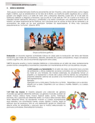 18
EDUCACIÓN ARTÍSTICA CUARTO
C. MÚSICA NEGROIDE
Estos grupos sociales llamados Garífunas provenientes de San Vicente y otros denominados como negros
ingles o isleños, que se establecieron en las Islas de la Bahía. Los Garífunas están orgullosos de su cultura,
poseen una religión única y un estilo de vestir, arte y artesanías vibrantes. Cada año, el 12 de abril, los
Garífunas celebran su llegada a Honduras, que ocurrió el 12 de abril de 1797. En cuanto a la música, las
melodías reúnen elementos africanos y amerindios y los textos constituyen una verdadera reserva de la
historia y el saber tradicional de los Garífuna. Son canciones que se cantan al ritmo de los tambores y se
acompañan de bailes en los que participan también los espectadores. El ritmo más conocido
popularmente es “La Punta”. (García, 2019)
Evaluación: el docente organiza actividades lúdicas en clase para la evaluación del tema del folclore
hondureño, por medio de conversatorios, debates, desarrollo de cuadro comparativos, mapa conceptual,
cuadro cognitivo, etc. (No se recomienda asignación extra clase).
1.3.7 El docente enseña y canta melodías folklóricas y costumbristas en el salón de clase, posteriormente
puede montar coreografías y movimientos corporales con manteniendo el ritmo con las palmas y los pies.
1.3.8 El usuario y su herramienta: En el salón de clase, el docente hace una lista
de profesiones u oficios realizando acciones concretas con sus herramientas y
los mete en una tómbola. De manera ordenada, los estudiantes toman un
papelito y lo representan a través del cuerpo ante los demás, los compañeros
presentes deberán adivinar de acuerdo a los movimientos la actividad que se
está representando.
Ejemplos:
Aserrador con su moto sierra. Conductor y su timón. Barrendero con su escoba.
Albañil con su pala. Carpintero con sus clavos y martillo. Bailarín y su cuerpo,
entre otros.
1.3.9 Esto me mueve: El maestro prepara una colección de géneros
musicales que genere diferentes estímulos. Los géneros musicales pueden ser
desde música clásica hasta música tropical (salsa, punta, merengue,
bachata, etc), pasando por diferentes estilos. La música seleccionada debe
tener diferentes ritmos, los estudiantes mueven su cuerpo acompañando
esas melodías, con movimientos fuertes, suaves, rápidos, o lentos, según el
estímulo que les produzca. Esta es una exploración grupal sin interacción
directa entre los estudiantes y procurar que la música seleccionada no
promueva antivalores. Dramatización & Música.
Grupo autóctono garífuna
 