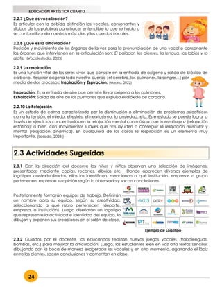 24
EDUCACIÓN ARTÍSTICA CUARTO
2.3 Actividades Sugeridas
2.2.7 ¿Qué es vocalización?
Es articular con la debida distinción las vocales, consonantes y
silabas de las palabras para hacer entendible lo que se habla o
se canta utilizando nuestros músculos y las cuerdas vocales.
2.2.8 ¿Qué es la articulación?
Posición y movimiento de los órganos de la voz para la pronunciación de una vocal o consonante
los órganos que intervienen en la articulación son: El paladar, los dientes, la lengua, los labios y la
glotis. (Vocalestudio, 2023)
2.2.9 La respiración
Es una función vital de los seres vivos que consiste en la entrada de oxígeno y salida de bióxido de
carbono. Respirar oxigena todo nuestro cuerpo (el cerebro, los pulmones, la sangre…) por
medio de dos procesos; Inspiración y Espiración. (Madrid, 2022)
Inspiración: Es la entrada de aire que permite llevar oxígeno a los pulmones.
Exhalación: Salida de aire de los pulmones que expulsa el dióxido de carbono.
2.2.10 La Relajación
Es un estado de calma caracterizado por la disminución o eliminación de problemas psicofísicos
como la tensión, el miedo, el estrés, el nerviosismo, la ansiedad, etc. Este estado se puede lograr a
través de ejercicios concentrados en la relajación mental con música que transmita paz (relajación
estática); o bien, con movimientos suaves que nos ayuden a conseguir la relajación muscular y
mental (relajación dinámica). En cualquiera de los casos la respiración es un elemento muy
importante. (Losada, 2023 )
2.3.1 Con la dirección del docente los niños y niñas observan una selección de imágenes,
presentadas mediante copias, recortes, dibujos etc. Donde aparecen diversos ejemplos de
logotipos contextualizados, ellos los identifican, mencionan a qué institución, empresas o grupo
pertenecen, expresan su opinión según lo observado y sacan conclusiones.
Posteriormente formarán equipos de trabajo. Definirán
un nombre para su equipo, según su creatividad,
seleccionando a qué rubro pertenecen (deporte,
empresa, o institución). Luego diseñarán un logotipo
que represente la actividad e identidad del equipo, lo
dibujan y exponen sus creaciones en el salón de clase.
2.3.2 Guiados por el docente, los educandos realizan nuevos juegos vocales (trabalenguas,
bombas, etc.) para mejorar la articulación. Luego, los estudiantes leen en voz alta textos sencillos
dibujando con la boca de manera exagerada las vocales y en otro momento, agarrando el lápiz
entre los dientes, sacan conclusiones y comentan en clase.
Ejemplo de Logotipo
 