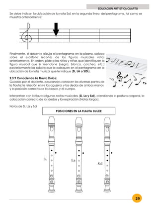 29
EDUCACIÓN ARTÍSTICA CUARTO
Se debe indicar la ubicación de la nota Sol, en la segunda línea del pentagrama, tal como se
muestra anteriormente:
Finalmente, el docente dibuja el pentagrama en la pizarra, coloca
sobre el escritorio recortes de las figuras musicales vistas
anteriormente. En orden, pide a los niños y niñas que identifiquen la
figura musical que él mencione (negra, blanca, corchea, etc.)
posteriormente les solicita que la coloquen en el pentagrama en la
ubicación de la nota musical que le indique (SI, LA o SOL).
2.3.9 Conociendo La Flauta Dulce:
Guiados por el docente, educandos conocen las diversas partes de
la flauta; la relación entre los agujeros y los dedos de ambas manos
y la posición correcta de los brazos y el cuerpo.
Interpretan con la flauta algunas notas musicales (Si, La y Sol), atendiendo la postura corporal, la
colocación correcta de los dedos y la respiración (Notas largas).
Notas de Si, La y Sol
POSICIONES EN LA FLAUTA DULCE
 