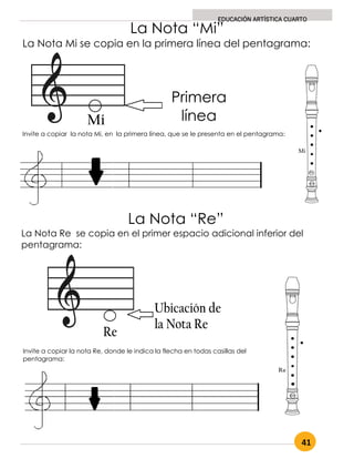 41
EDUCACIÓN ARTÍSTICA CUARTO
La Nota “Mi”
La Nota Mi se copia en la primera línea del pentagrama:
Invite a copiar la nota Mi, en la primera línea, que se le presenta en el pentagrama:
Primera
línea
Invite a copiar la nota Re, donde le indica la flecha en todas casillas del
pentagrama:
La Nota “Re”
La Nota Re se copia en el primer espacio adicional inferior del
pentagrama:
 
