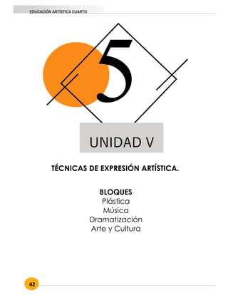 42
EDUCACIÓN ARTÍSTICA CUARTO
TÉCNICAS DE EXPRESIÓN ARTÍSTICA.
BLOQUES
Plástica
Música
Dramatización
Arte y Cultura
UNIDAD V
5
 