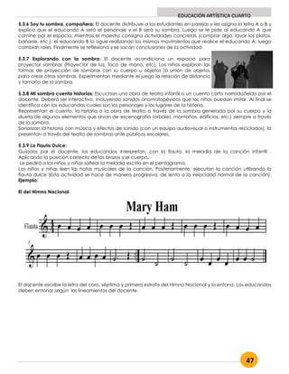 47
EDUCACIÓN ARTÍSTICA CUARTO
5.3.6 Soy tu sombra, compañero: El docente distribuye a los estudiantes en parejas y les asigna la letra A o B y
explica que el educando A será el personaje y el B será su sombra. Luego se le pide al educando A que
camine por el espacio, mientras el maestro consigna actividades concretas (comprar algo, lavar los platos,
bañarse, etc.), el educando B lo sigue realizando los mismos movimientos que realice el educando A; luego
cambian roles. Finalmente se reflexiona y se sacan conclusiones de la actividad.
5.3.7 Explorando con la sombra: El docente acondiciona un espacio para
proyectar sombras (Proyector de luz, foco de mano, etc). Los niños exploran las
formas de proyección de sombras con su cuerpo u objetos (o unión de objetos
para crear otras sombras. Experimentan mediante el juego la relación de distancia
y tamaño de la sombra.
5.3.8 Mi sombra cuenta historias: Escuchan una obra de teatro infantil o un cuento corto narrado/leído por el
docente. Deberá ser interactivo, incluyendo sonidos onomatopéyicos que los niños puedan imitar. Al final se
identifica con los educandos cuales son los personajes y los lugares de la historia.
Representan el cuento, la historia o la obra de teatro a través de la sombra generada por su cuerpo y la
silueta de algunos elementos que sirvan de escenografía (arboles, montañas, edificios, etc.) siempre a través
de la sombra.
Sonorizan la historia con música y efectos de sonido (con un equipo audiovisual o instrumentos reciclados), la
presentan a través del teatro de sombras ante públicos escolares.
5.3.9 La Flauta Dulce:
Guiados por el docente, los educandos interpretan, con la flauta, la melodía de la canción infantil .
Aplicando la posición correcta de los brazos y el cuerpo.
Le pedirá a los niños y niñas solfear la melodía escrita en el pentagrama.
Los niños y niñas leen las notas musicales de la canción. Posteriormente, ejecutan la canción utilizando la
flauta dulce (Esta actividad se hace de manera progresiva, de lento a la velocidad normal de la canción).
Ejemplo:
El del Himno Nacional:
El docente escribe la letra del coro, séptima y primera estrofa del Himno Nacional y lo entona. Los educandos
deben entonar según los lineamientos del docente.
 