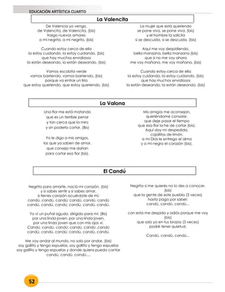 52
EDUCACIÓN ARTÍSTICA CUARTO
La Valencita
De Valencia yo vengo,
de Valencita, de Valencita, (bis)
traigo nuevos amores
a mi negrita, a mi negrita. (bis)
Cuando estoy cerca de ella
la estoy cuidando, la estoy cuidando, (bis)
que hay muchos envidiosos
la están deseando, la están deseando. (bis)
Vamos escobita verde
vamos barriendo, vamos barriendo, (bis)
porque va entrar un lirio
que estoy queriendo, que estoy queriendo. (bis)
La mujer que está queriendo
se pone viva, se pone viva, (bis)
y el hombre la solicita
si se descuida, si se descuida. (bis)
Aquí me voy despidiendo,
bella manzana, bella manzana (bis)
que si no me voy ahora
me voy mañana, me voy mañana. (bis)
Cuando estoy cerca de ella
la estoy cuidando, la estoy cuidando, (bis)
que hay muchos envidiosos
la están deseando, la están deseando. (bis)
Una flor me está matando
que es un terrible penar
y tan cerca que la miro
y sin poderla cortar. (Bis)
Yo le digo a mis amigos,
los que ya saben de amor,
que consejo me darían
para cortar esa flor (bis).
Mis amigos me aconsejan,
queriéndome consolar,
que deje pasar el tiempo
que esa flor la he de cortar (bis).
Aquí doy mi despedida,
cojollitos de limón,
a mi Dios le entrego el alma
y a mi negra el corazón (bis).
El Candú
Negrita para amarte, nació mi corazón, (bis)
y si sabes sentir y si sabes amar,
si tienes corazón acuérdate de mí;
candú, candú, candú; candú, candú, candú
candú, candú, candú; candú, candú, candú.
Yo ví un puñal agudo, dirigido para mí. (Bis)
por una linda joven, por una linda joven,
por una linda joven que con mis ojos ví.
Candú, candú, candú; candú, candú ,candú
candú, candú, candú; candú, candú, candú.
Me voy andar al mundo, no solo por andar, (bis)
soy gallito y tengo espuelas, soy gallito y tengo espuelas
soy gallito y tengo espuelas y donde quiera puedo cantar
candú, candú, candú....
Negrita si me quierés no lo des a conocer,
(bis)
que la gente de este pueblo (3 veces)
hasta paga por saber;
candú, candú, candú...
con esta me despido y adiós porque me voy
(bis)
que solo yo en tus brazos (3 veces)
podré tener quietud.
Candú, candú, candú...
La Valona
 