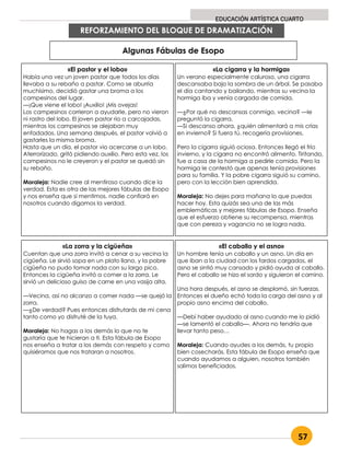 57
EDUCACIÓN ARTÍSTICA CUARTO
REFORZAMIENTO DEL BLOQUE DE DRAMATIZACIÓN
«El pastor y el lobo»
Había una vez un joven pastor que todos los días
llevaba a su rebaño a pastar. Como se aburría
muchísimo, decidió gastar una broma a los
campesinos del lugar.
—¡Que viene el lobo! ¡Auxilio! ¡Mis ovejas!
Los campesinos corrieron a ayudarle, pero no vieron
ni rastro del lobo. El joven pastor rio a carcajadas,
mientras los campesinos se alejaban muy
enfadados. Una semana después, el pastor volvió a
gastarles la misma broma.
Hasta que un día, el pastor vio acercarse a un lobo.
Aterrorizado, gritó pidiendo auxilio. Pero esta vez, los
campesinos no le creyeron y el pastor se quedó sin
su rebaño.
Moraleja: Nadie cree al mentiroso cuando dice la
verdad. Esta es otra de las mejores fábulas de Esopo
y nos enseña que si mentimos, nadie confiará en
nosotros cuando digamos la verdad.
«La cigarra y la hormiga»
Un verano especialmente caluroso, una cigarra
descansaba bajo la sombra de un árbol. Se pasaba
el día cantando y bailando, mientras su vecina la
hormiga iba y venía cargada de comida.
—¿Por qué no descansas conmigo, vecina? —le
preguntó la cigarra.
—Si descanso ahora, ¿quién alimentará a mis crías
en invierno? Si fuera tú, recogería provisiones.
Pero la cigarra siguió ociosa. Entonces llegó el frío
invierno, y la cigarra no encontró alimento. Tiritando,
fue a casa de la hormiga a pedirle comida. Pero la
hormiga le contestó que apenas tenía provisiones
para su familia. Y la pobre cigarra siguió su camino,
pero con la lección bien aprendida.
Moraleja: No dejes para mañana lo que puedas
hacer hoy. Esta quizás sea una de las más
emblemáticas y mejores fábulas de Esopo. Enseña
que el esfuerzo obtiene su recompensa, mientras
que con pereza y vagancia no se logra nada.
Algunas Fábulas de Esopo
«La zorra y la cigüeña»
Cuentan que una zorra invitó a cenar a su vecina la
cigüeña. Le sirvió sopa en un plato llano, y la pobre
cigüeña no pudo tomar nada con su largo pico.
Entonces la cigüeña invitó a comer a la zorra. Le
sirvió un delicioso guiso de carne en una vasija alta.
—Vecina, así no alcanzo a comer nada —se quejó la
zorra.
—¿De verdad? Pues entonces disfrutarás de mi cena
tanto como yo disfruté de la tuya.
Moraleja: No hagas a los demás lo que no te
gustaría que te hicieran a ti. Esta fábula de Esopo
nos enseña a tratar a los demás con respeto y como
quisiéramos que nos trataran a nosotros.
«El caballo y el asno»
Un hombre tenía un caballo y un asno. Un día en
que iban a la ciudad con los fardos cargados, el
asno se sintió muy cansado y pidió ayuda al caballo.
Pero el caballo se hizo el sordo y siguieron el camino.
Una hora después, el asno se desplomó, sin fuerzas.
Entonces el dueño echó toda la carga del asno y al
propio asno encima del caballo.
—Debí haber ayudado al asno cuando me lo pidió
—se lamentó el caballo—. Ahora no tendría que
llevar tanto peso…
Moraleja: Cuando ayudes a los demás, tu propio
bien cosecharás. Esta fábula de Esopo enseña que
cuando ayudamos a alguien, nosotros también
salimos beneficiados.
 