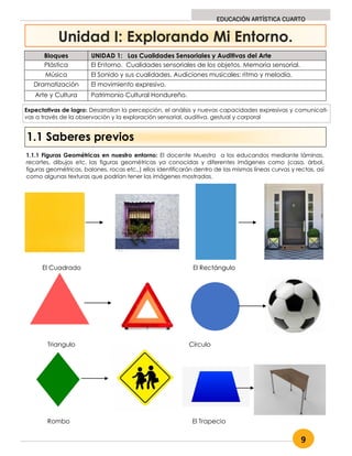 9
EDUCACIÓN ARTÍSTICA CUARTO
Unidad I: Explorando Mi Entorno.
1.1.1 Figuras Geométricas en nuestro entorno: El docente Muestra a los educandos mediante láminas,
recortes, dibujos etc. las figuras geométricas ya conocidas y diferentes imágenes como (casa, árbol,
figuras geométricas, balones, rocas etc.,) ellos identificarán dentro de las mismas líneas curvas y rectas, así
como algunas texturas que podrían tener las imágenes mostradas.
Bloques UNIDAD 1: Las Cualidades Sensoriales y Auditivas del Arte
Plástica El Entorno. Cualidades sensoriales de los objetos. Memoria sensorial.
Música El Sonido y sus cualidades. Audiciones musicales: ritmo y melodía.
Dramatización El movimiento expresivo.
Arte y Cultura Patrimonio Cultural Hondureño.
1.1 Saberes previos
El Cuadrado El Rectángulo
Triangulo Círculo
Rombo El Trapecio
Expectativas de logro: Desarrollan la percepción, el análisis y nuevas capacidades expresivas y comunicati-
vas a través de la observación y la exploración sensorial, auditiva, gestual y corporal
 