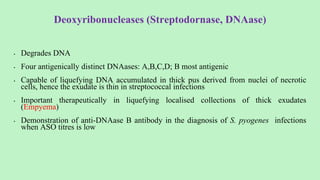 Deoxyribonucleases (Streptodornase, DNAase)
• Degrades DNA
• Four antigenically distinct DNAases: A,B,C,D; B most antigenic
• Capable of liquefying DNA accumulated in thick pus derived from nuclei of necrotic
cells, hence the exudate is thin in streptococcal infections
• Important therapeutically in liquefying localised collections of thick exudates
(Empyema)
• Demonstration of anti-DNAase B antibody in the diagnosis of S. pyogenes infections
when ASO titres is low
 