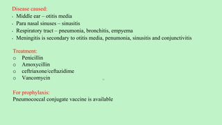 36
Disease caused:
• Middle ear – otitis media
• Para nasal sinuses – sinusitis
• Respiratory tract – pneumonia, bronchitis, empyema
• Meningitis is secondary to otitis media, penumonia, sinusitis and conjunctivitis
Treatment:
o Penicillin
o Amoxycillin
o ceftriaxone/ceftazidime
o Vancomycin
For prophylaxis:
Pneumococcal conjugate vaccine is available
 