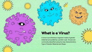 What is a Virus?
A virus is an infectious organism made of genetic
material surrounded by a protein coat. Viruses are
commonly classified using two key characteristics:
Type of Genetic Material and Shape.
 