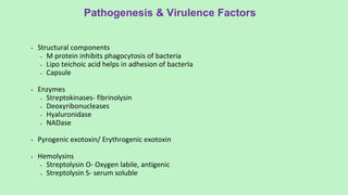 • Structural components
– M protein inhibits phagocytosis of bacteria
– Lipo teichoic acid helps in adhesion of bacterIa
– Capsule
• Enzymes
– Streptokinases- fibrinolysin
– Deoxyribonucleases
– Hyaluronidase
– NADase
• Pyrogenic exotoxin/ Erythrogenic exotoxin
• Hemolysins
– Streptolysin O- Oxygen labile, antigenic
– Streptolysin S- serum soluble
Pathogenesis & Virulence Factors
 