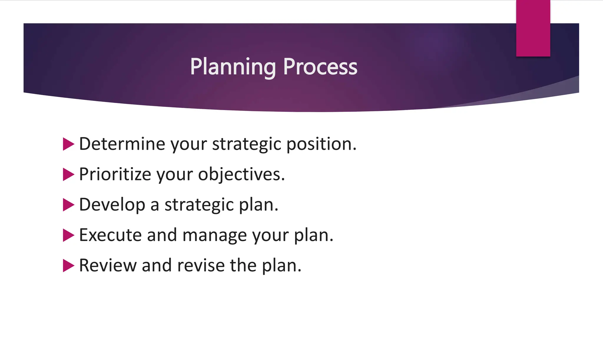 Planning Process
 Determine your strategic position.
 Prioritize your objectives.
 Develop a strategic plan.
 Execute and manage your plan.
 Review and revise the plan.
 