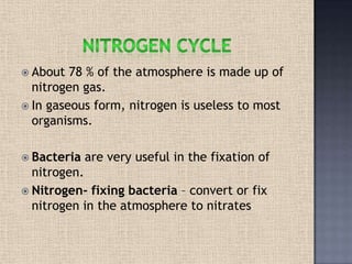  About 78 % of the atmosphere is made up of
nitrogen gas.
 In gaseous form, nitrogen is useless to most
organisms.
 Bacteria are very useful in the fixation of
nitrogen.
 Nitrogen- fixing bacteria – convert or fix
nitrogen in the atmosphere to nitrates
 