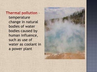 –
temperature
change in natural
bodies of water
bodies caused by
human influence,
such as use of
water as coolant in
a power plant
 