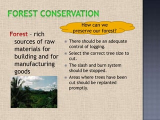 – rich
sources of raw
materials for
building and for
manufacturing
goods
 There should be an adequate
control of logging.
 Select the correct tree size to
cut.
 The slash and burn system
should be stopped.
 Areas where trees have been
cut should be replanted
promptly.
How can we
preserve our forest?
 