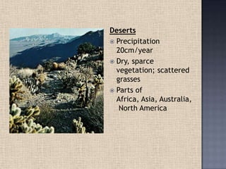 Deserts
 Precipitation
20cm/year
 Dry, sparce
vegetation; scattered
grasses
 Parts of
Africa, Asia, Australia,
North America
 