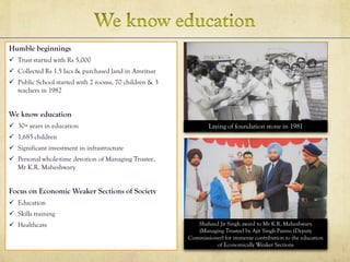 Humble beginnings
 Trust started with Rs 5,000
 Collected Rs 1.5 lacs & purchased land in Amritsar
 Public School started with 2 rooms, 70 children & 3
teachers in 1982
We know education
 30+ years in education
 1,685 children
 Significant investment in infrastructure
 Personal whole-time devotion of Managing Trustee,
Mr K.R. Maheshwary
Focus on Economic Weaker Sections of Society
 Education
 Skills training
 Healthcare
Laying of foundation stone in 1981
Shaheed Jit Singh award to Mr K.R. Maheshwary
(Managing Trustee) by Ajit Singh Pannu (Deputy
Commissioner) for immense contribution to the education
of Economically Weaker Sections
 