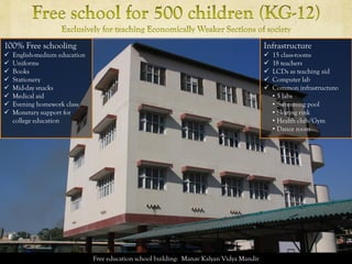 100% Free schooling
 English-medium education
 Uniforms
 Books
 Stationery
 Mid-day snacks
 Medical aid
 Evening homework class
 Monetary support for
college education
Infrastructure
 15 class-rooms
 18 teachers
 LCDs as teaching aid
 Computer lab
 Common infrastructure:
• 5 labs
• Swimming pool
• Skating rink
• Health club/Gym
• Dance room
Free education school building: Manav Kalyan Vidya Mandir
 