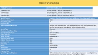 PRODUCT VARIANT DIMENSIONS / COLOURS
STANDARD SIZE 24*24*35 (BLACK, WHITE, GREY, METALLIC)
CUSTOM SIZE 30*24*35 (BLACK, WHITE, GREY, METALLIC)
PORTABLE SIZE 18*24*36 (BLACK, WHITE, GREEN, OFF WHITE)
PRODUCT SPECIFICATIONS
Special Features Any Ware plus silverware basket, Auto Soil Sensor, Sheer Clean wash system
Maximum Noise Level 60dB
Place Settings Qty 14
Programs Qty 4
Special Programs & Options Normal, rinse, pots and pans, high temperature wash, sani rinse, light/china, NSF
certified sanitize option, soak & scour option, heat dry option
Control Type Electronic
Maximum Start Timer Delay 6 hrs
Timer Settings Features start timer delay
Safety Features Control lock
Sound Package Quiet partner 2
Maximum Noise Level 60dB
ENERGY STAR Certified YES
Rated current 15A
Frequency 60Hz
Model DU1055XTVQ
Form Factor Freestanding
Place Settings Qty 14
Programs Qty 4
Special Programs & Options NSF certified sanitize option, heat dry option, high temperature wash, light/china,
 