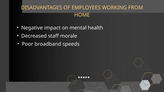 DISADVANTAGES OF EMPLOYEES WORKING FROM
HOME
• Negative impact on mental health
• Decreased staff morale
• Poor broadband speeds
 