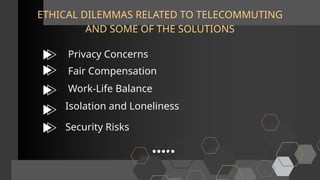 ETHICAL DILEMMAS RELATED TO TELECOMMUTING
AND SOME OF THE SOLUTIONS
Privacy Concerns
Fair Compensation
Work-Life Balance
Isolation and Loneliness
Security Risks
 