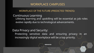 WORKPLACE CAMPUSES
Continuous Learning
WORKPLACE OF THE FUTURE (PREDICTED TRENDS):
Lifelong learning and upskilling will be essential as job roles
evolve rapidly due to technological advancements.
Data Privacy and Security:
Protecting sensitive data and ensuring privacy in an
increasingly digital workplace will be a top priority.
 