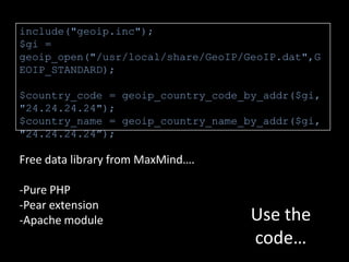 home51 26’ 55.2” N0 0’ 0.1” WexchangeAccurate?IP gives you the location of the Serving area interface (telco exchange).Some exchanges can be 5 miles away!homeofficeReliable?ProxiesVPNsNetwork distributions (ever tried geo-locating an AOL IP?)exchangeThe problem with IP