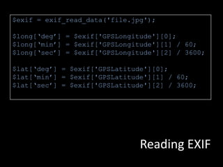 function myCallback(position) {  // called if the browser reports its location}if (navigator.geolocation) {navigator.geolocation.getCurrentPosition(myCallback);}W3C spec:http://dev.w3.org/geo/api/spec-source.htmlMozilla, where art thou?