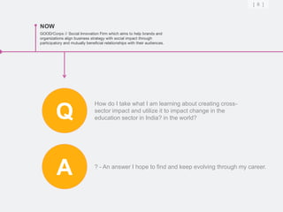 [ 6 ]



NOW
GOOD/Corps // Social Innovation Firm which aims to help brands and
organizations align business strategy with social impact through
participatory and mutually beneficial relationships with their audiences.




                                How do I take what I am learning about creating cross-

         Q                      sector impact and utilize it to impact change in the
                                education sector in India? in the world?




         A                      ? - An answer I hope to find and keep evolving through my career.
 