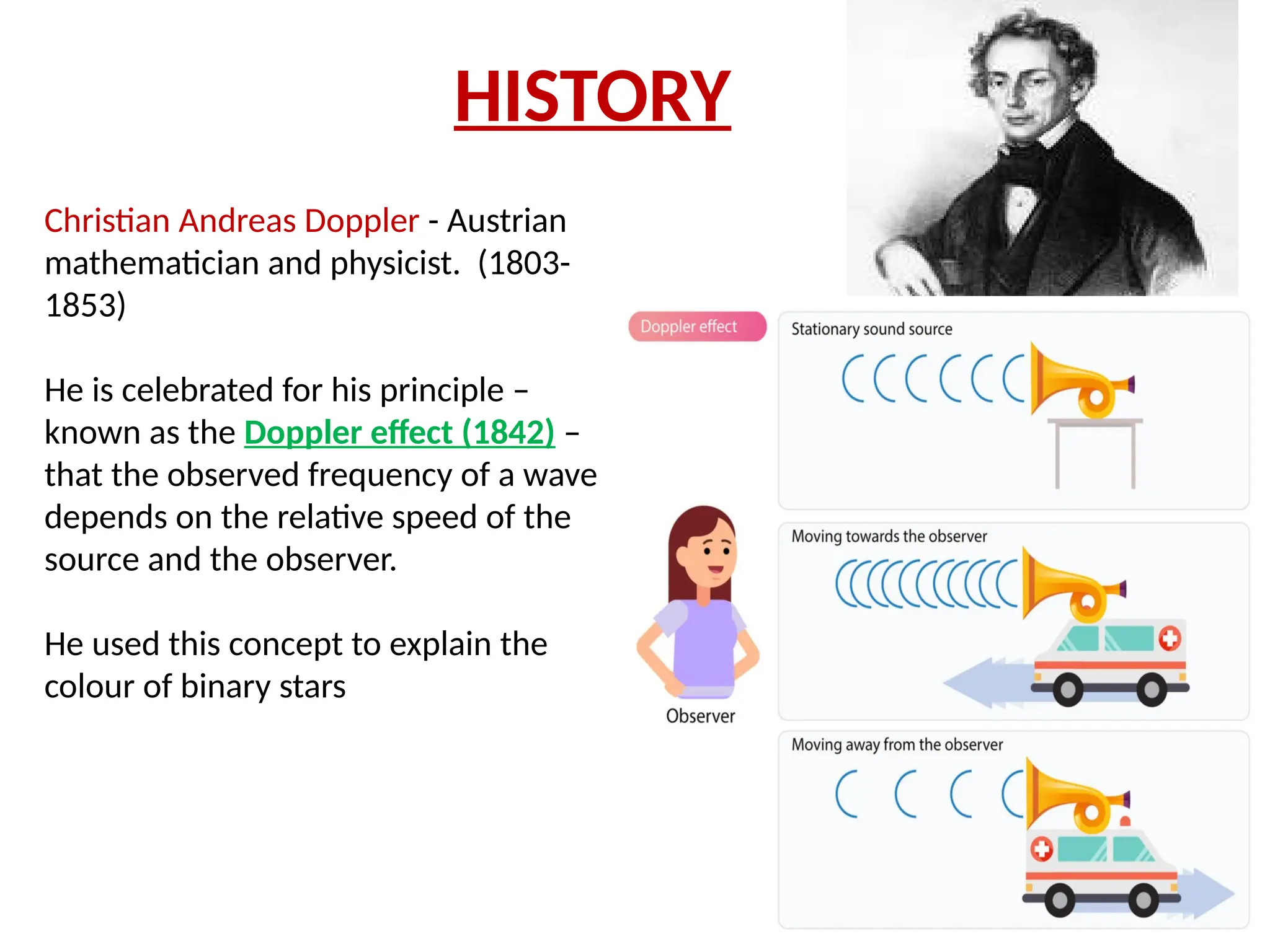 HISTORY
Christian Andreas Doppler - Austrian
mathematician and physicist. (1803-
1853)
He is celebrated for his principle –
known as the Doppler effect (1842) –
that the observed frequency of a wave
depends on the relative speed of the
source and the observer.
He used this concept to explain the
colour of binary stars
 